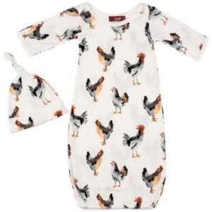 Milkbarn Kids Organic newborn and baby gown and hat set in the chicken print