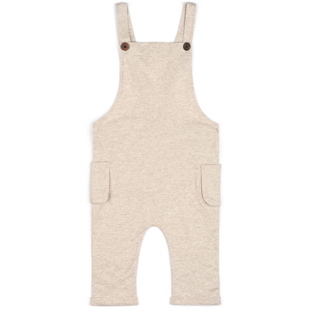 Baby or Child's Overalls in the Organic Cotton Heathered Oatmeal Fabric by Milkbarn Kids Front