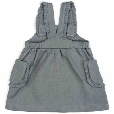 Baby or Child's Ruffle Dress Overalls in the Organic Cotton and Recycled Polyester Blend Denim Fabric by Milkbarn Kids (Backside)