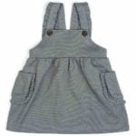 Baby or Child's Ruffle Dress Overalls in the Organic Cotton and Recycled Polyester Blend Denim Fabric by Milkbarn Kids (Front)