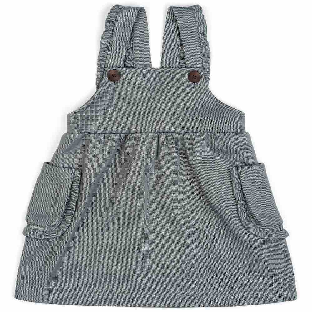Baby or Child's Ruffle Dress Overalls in the Organic Cotton and Recycled Polyester Blend Denim Fabric by Milkbarn Kids (Front)