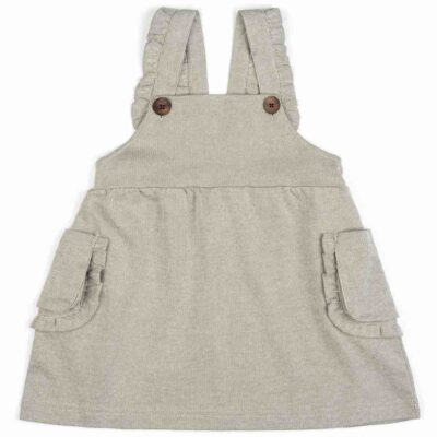 Baby or Child's Ruffle Dress Overalls in the Organic Cotton and Bamboo Blend Grey Pinstripe Fabric by Milkbarn Kids (Front)