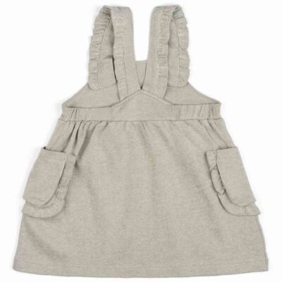 Baby or Child's Ruffle Dress Overalls in the Organic Cotton and Bamboo Blend Grey Pinstripe Fabric by Milkbarn Kids (Backside)