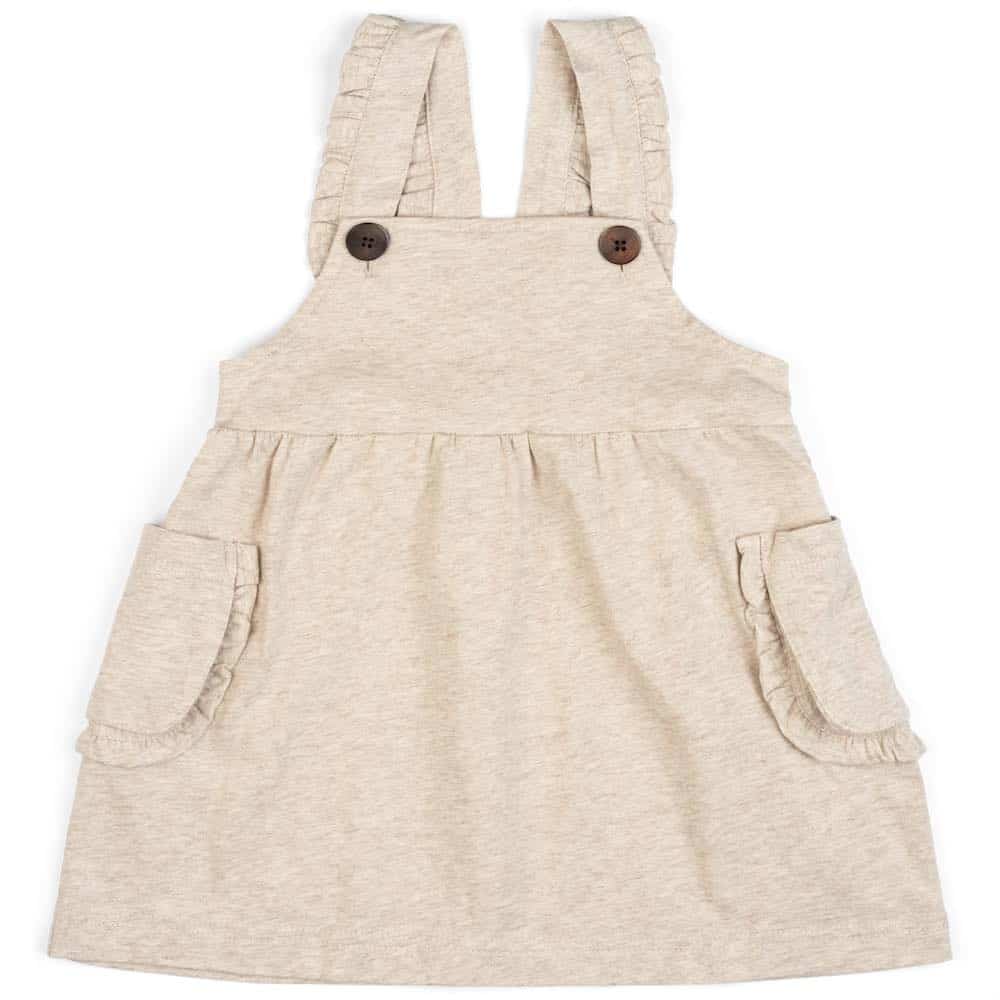 Baby or Child's Ruffle Dress Overalls in the Organic Cotton Heathered Oatmeal Fabric by Milkbarn Kids (Front)