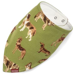 Milkbarn Kids kerchief bib in green dog print made from 100% GOTS certified organic cotton.