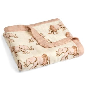Folded Natural and Rose Color Big Lovey Blanket with the Tutu Elephant Wildlife Print Made of Organic Cotton and Bamboo by Milkbarn Kids