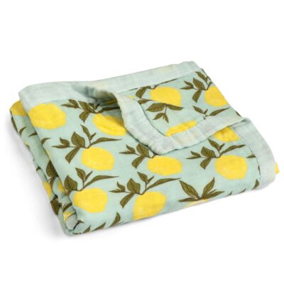 Folded Mint or Muted Green Big Lovey Blanket with the Lemon Citrus Print Made of Organic Cotton and Bamboo by Milkbarn Kids