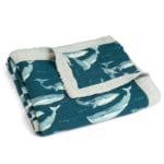 Unfolded Blue or Teal Color Big Lovey Blanket with the Blue Whale and Ocean Print Made of Organic Cotton and Bamboo by Milkbarn Kids
