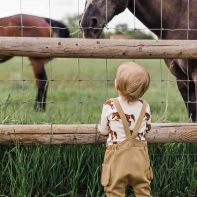 Little Baby Boy Wearing the Rust Denim and Organic Cotton Overall by Milkbarn Kids and in a Field with Horses.