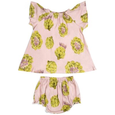 Rose or Light Pink Baby Girl Organic Cotton Dress and Bloomers with the Artichoke Vegetable Print by Milkbarn Kids