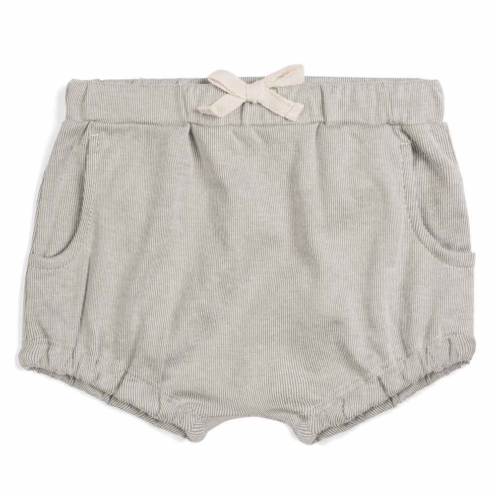 Baby Boy Pocket Bloomer with Drawstring in the Grey Pinstripe Organic Cotton and Bamboo Blend Fabric by Milkbarn Kids Front