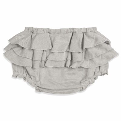 Baby Girl Ruffle Bloomer in the Grey Pinstripe Organic Cotton and Bamboo Blend by Milkbarn Kids (Backside)