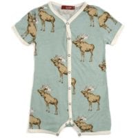 32075 - Milkbarn Kids Bamboo Baby Shortall, Baby Playsuit or Short Overalls in the Blue Moose Print
