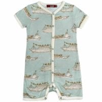32091 - Milkbarn Kids Bamboo Baby Shortall, Playsuit or Short Overalls in the Blue Ships Print