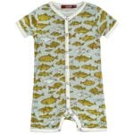 Milkbarn Kids Bamboo Baby Shortall, Playsuit or Short Overalls in the Blue Fish Print
