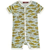 32092 - Milkbarn Kids Bamboo Baby Shortall, Playsuit or Short Overalls in the Blue Fish Print