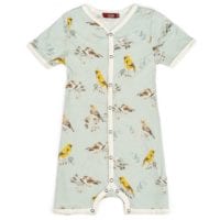 32102 - Milkbarn Kids Bamboo Baby Shortall, Playsuit or Short Overalls in the Blue Bird Print