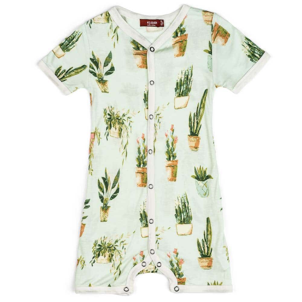 Milkbarn Kids Bamboo Baby Shortall, Playsuit or Short Overalls in the Potted Plants or Succulents Print