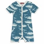 Milkbarn Kids Bamboo Baby Shortall, Playsuit or Short Overalls in the Blue Whale Print