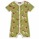 Milkbarn Kids Organic Cotton Baby Shortall, Playsuit or Short Overalls in the Green Dog Print