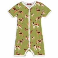 32105 - Milkbarn Kids Organic Cotton Baby Shortall, Playsuit or Short Overalls in the Green Dog Print
