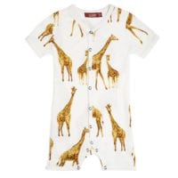 32110 - Milkbarn Kids Bamboo Baby Shortall, Playsuit or Short Overalls in the Orange Giraffe Print