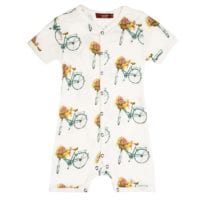 32111 - Milkbarn Kids Bamboo Baby Shortall, Playsuit or Short Overalls in the Floral Bicycle Print