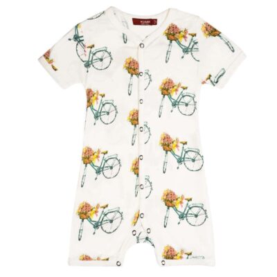 Milkbarn Kids Bamboo Baby Shortall, Playsuit or Short Overalls in the Floral Bicycle Print