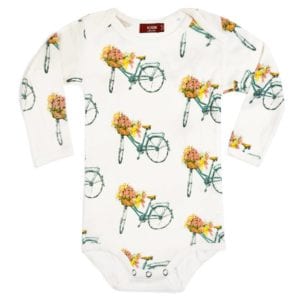 Milkbarn Kids Bamboo Baby Long Sleeve One Piece or Onesie in the Floral Bicycle Print