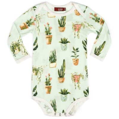 Milkbarn Kids Bamboo Baby Long Sleeve One Piece or Onesie in the Potted Plants Print