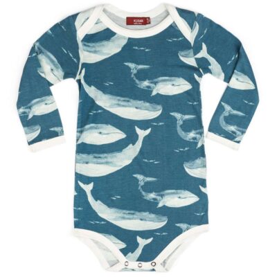 Milkbarn Kids Bamboo Baby Long Sleeve One Piece or Onesie in the Blue Whale Print