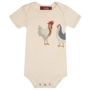 Natural Or Beige Colored Organic Cotton Baby One Piece or Onesie with the Chicken or Rooster Applique by Milkbarn Kids