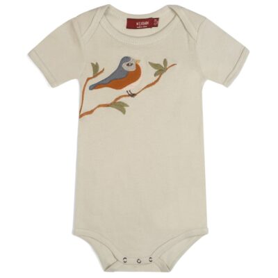 Natural or Beige Colored Organic Cotton Baby One Piece or Onesie with the Bird Applique by Milkbarn Kids