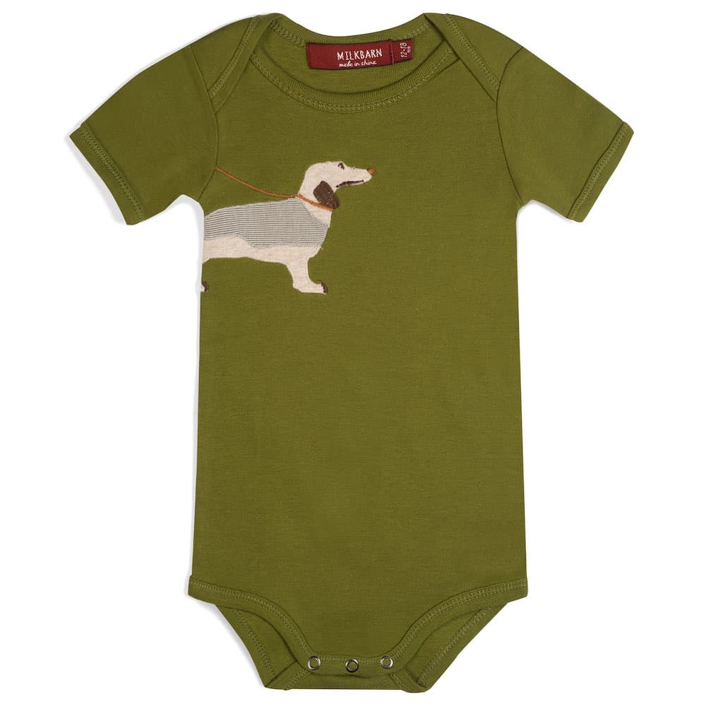 Green Color Organic Cotton Baby One Piece or Onesie with the Green Dog or Weiner Dog Applique by Milkbarn Kids