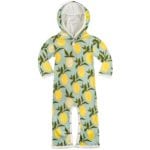 Mint or Muted Green Organic Cotton Hooded Romper or Jumpsuit in the Lemon Citrus Print by Milkbarn Kids