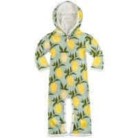 36089 - Mint or Muted Green Organic Cotton Hooded Romper or Jumpsuit in the Lemon Citrus Print by Milkbarn Kids