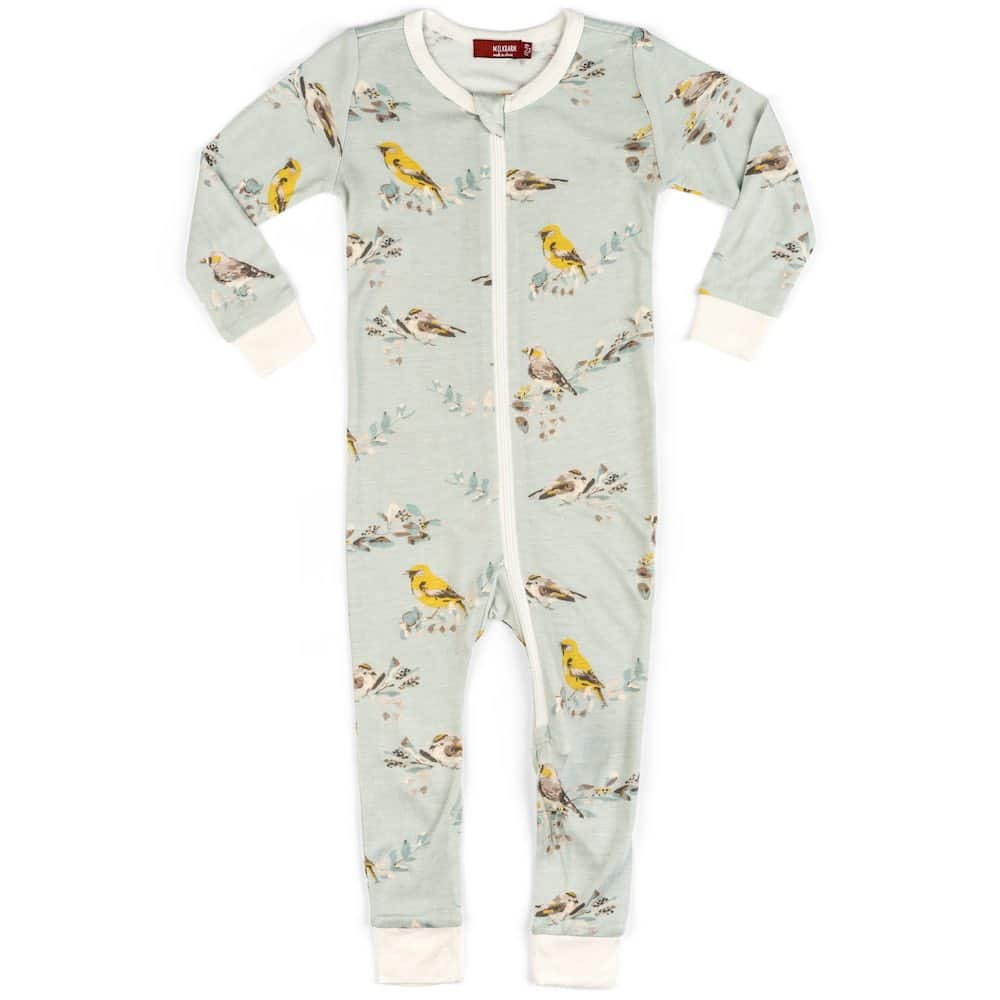 Milkbarn Kids Bamboo Baby Zipper Pajama or PJs in the Blue Bird Print