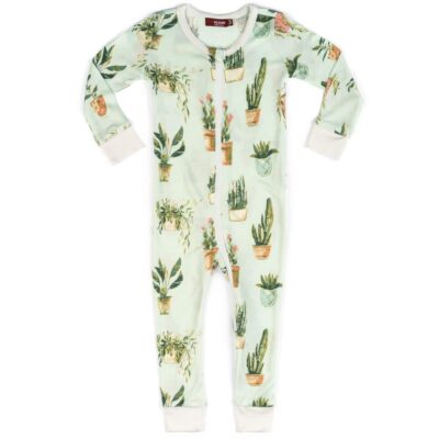 Milkbarn Kids Bamboo Baby Zipper Pajama or PJs in the Possted Plants or Succulent Print