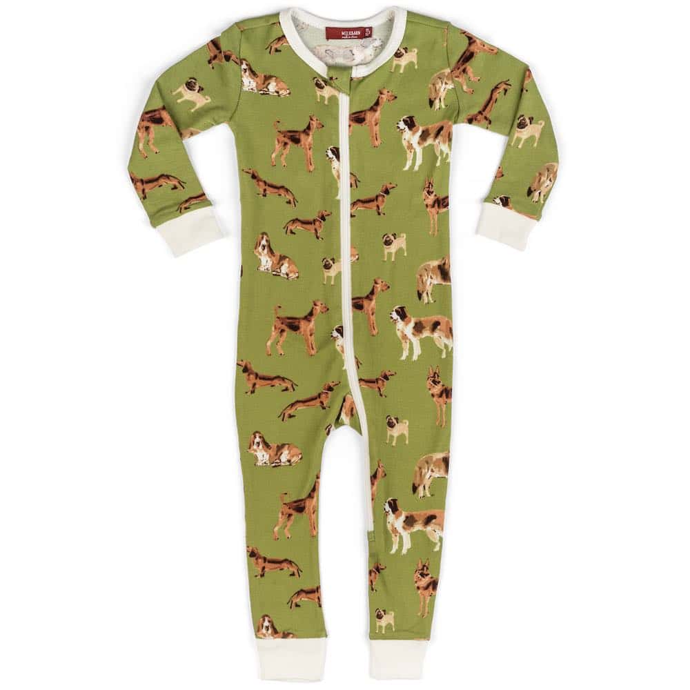 Milkbarn Kids Organic Cotton Baby Zipper Pajama or PJs in the Green Dog Print