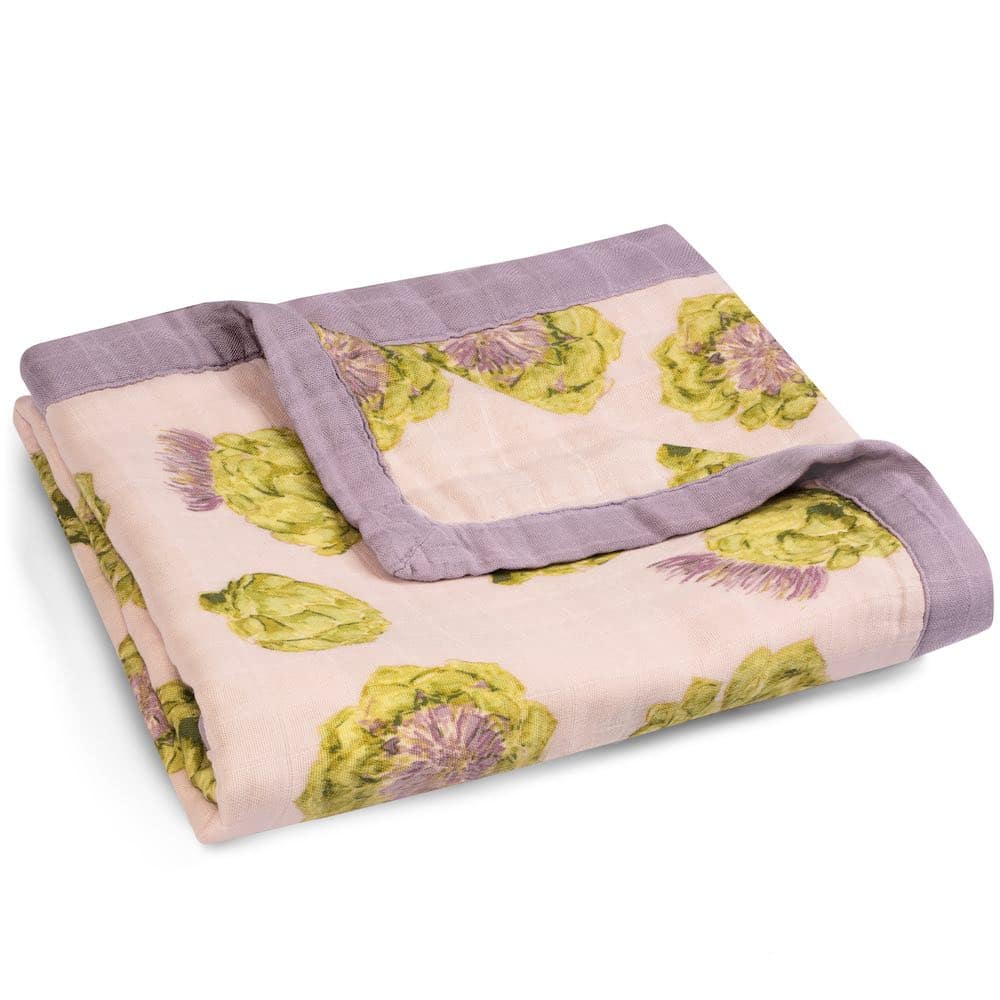 Folded Rose or Pink Color Big Lovey Blanket with the Artichoke Vegetable Print Made of Organic Cotton and Bamboo by Milkbarn Kids