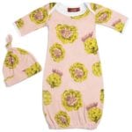 Rose or Pink Colored Organic Cotton Newborn and Baby Gown and Hat Set in the Artichoke Vegetable Print by Milkbarn Kids