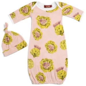 Rose or Pink Colored Organic Cotton Newborn and Baby Gown and Hat Set in the Artichoke Vegetable Print by Milkbarn Kids