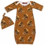 Rust or Orange Organic Cotton Newborn and Baby Gown and Hat Set in the Woolly Mammoth Wildlife Print by Milkbarn Kids