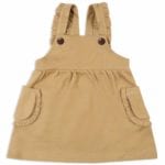 Baby or Child's Ruffle Dress Overalls in the Organic Cotton and Recycled Polyester Blend Rust Colored Denim Fabric by Milkbarn Kids (Front)