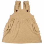 Baby or Child's Ruffle Dress Overalls in the Organic Cotton and Bamboo Blend Rust Colored Pinstripe Fabric by Milkbarn Kids (Front)
