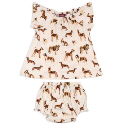 Natural Color Baby Girl Organic Cotton Dress and Bloomers with the Natural Dog Print by Milkbarn Kids