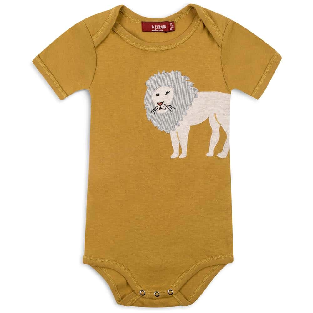 Rust or Mustard Colored Organic Cotton Baby One Piece or Onesie with the Lion Applique by Milkbarn Kids