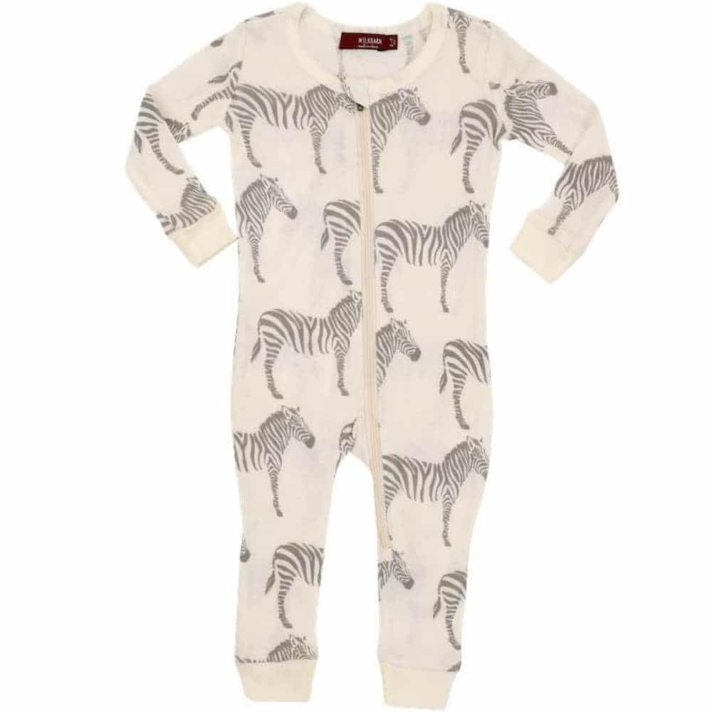 Milkbarn Kids Organic Cotton Zipper Pajama or PJs in the Grey Zebra Print