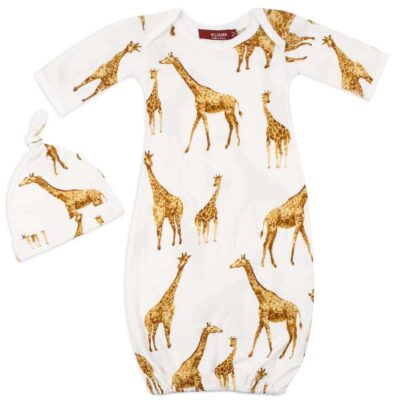 White Color Organic Cotton Newborn and Baby Gown and Hat Set in the Orange Giraffe Wildlife Print by Milkbarn Kids