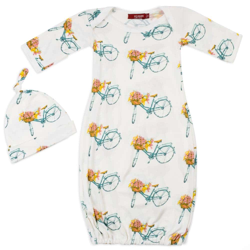 White Color Organic Cotton Newborn and Baby Gown and Hat Set in the Floral or Flower Bicycle Print by Milkbarn Kids